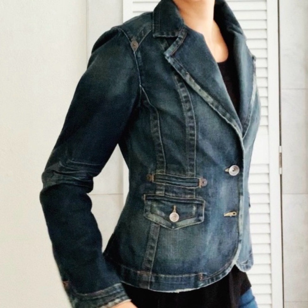 Level 99 Vintage Denim Blazer Jacket Distressed Y2K Style Size Small